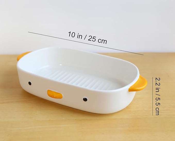 PURROOM Cute Duck Baking Dish, Ceramic Casserole Dish, White Porcelain Pie Pan, 10x7 in Medium Baking Pan with Handles, Oven Safe & Durable Bakeware for Lasagna.