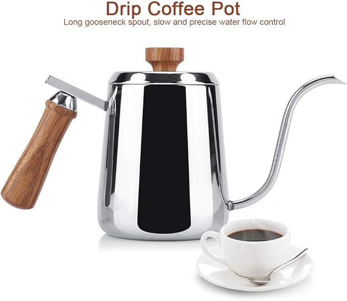 Joyzan Gooseneck Kettle, Stovetop Tea Maker Wood Anti Hot Handle Pour Over Stainless Steel Water Pot Coffee Teapot Drip Long Spout Home Kitchen Gas Stove Tops French Press Brewing Camping 350ml