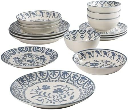 Bloomhouse - 2-Time Oprah’s Favorite Things - Valencia Flor 16 Piece Dinnerware Set, Artisanal Decorated Stoneware Plates & Bowls, Service for 4, Microwave & Dishwasher Safe, Iris Blue - Image 6