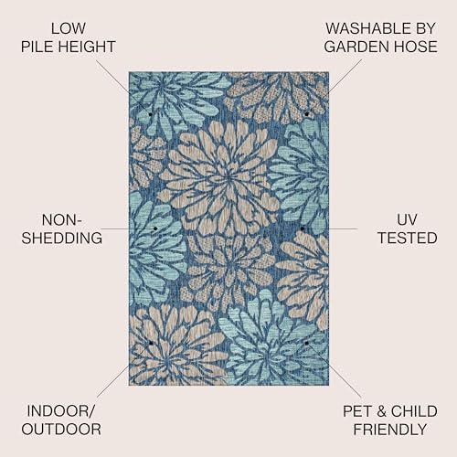 JONATHAN Y Floral Textured Weave Indoor Outdoor Area Rug 9X12 Navy/Aqua, Zinnia Modern for Backyard, Patio, Porch, Easy-Cleaning, High Traffic, Pet-Friendly, Non-Shedding (SMB110C-9) - Image 2