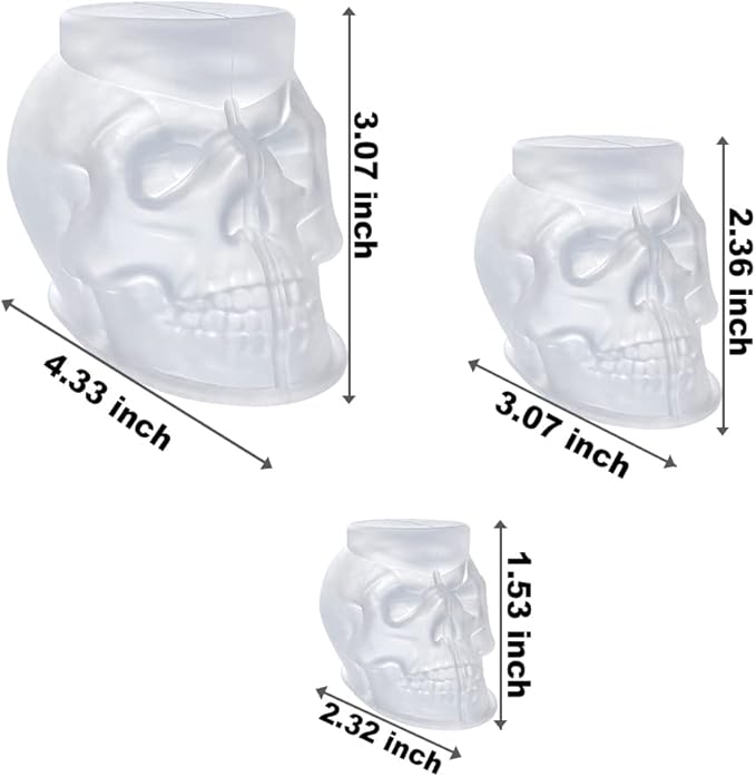 RESINWORLD Set of Large + Medium + Small 3D Skull Resin Molds, Flexible Clear Silicone Skull Head Molds, Silicone Molds for Resin, Soap, Clay, Candle Wax Casting, Halloween Home Decoration
