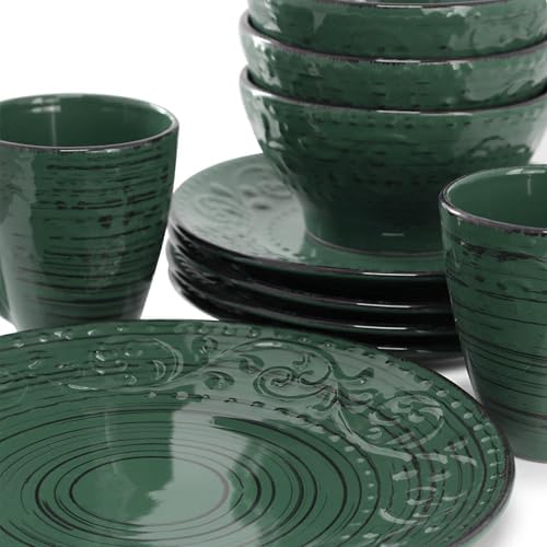 Elama Malibu Sea Glass 16-Piece Stoneware Embossed Pattern Reactive Glaze Dark Green Dinnerware Set, Tableware, Serveware Set (Sea Glass Green) - Image 6
