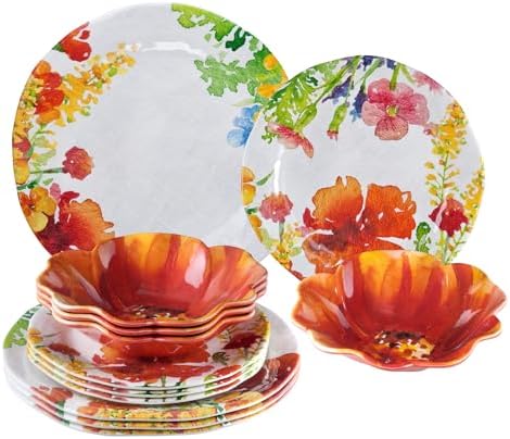 UPware 12 Piece Floral Melamine Dinnerware Sets, Outdoor Dishes Set, Plates and Bowls Sets, Service for 4, Multicolor by UPware