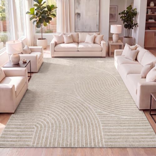 JONATHAN Y Hallie High-Low Curve Beige/Cream 8x10 Indoor/Outdoor Area Rug, Minimalist, Japandi, Geometric, Pet Friendly, for Patio, Backyard, Living Room, Bedroom, Office, Hose-Washable (SCN100D-8) by JONATHANY