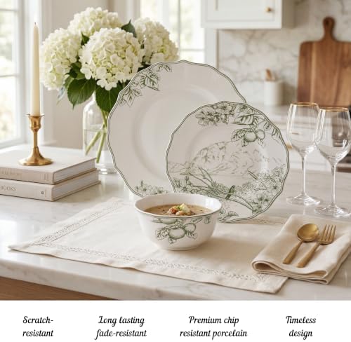 222 Fifth 12-Piece Porcelain Dinnerware Set for 4, Elegant Floral Plates and Bowls Sets-White/Green Ceramic Dishes, Chip Resistant Kitchen & Dining Dish Set, Microwave & Dishwasher Safe, Hudson Valley - Image 4