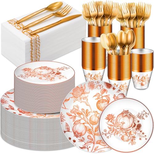 175 Pcs Rosh Hashanah Fall Plastic Dinnerware Set, Pomegranates, Brown by Sunnychicc