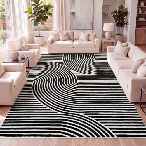 JONATHAN Y Hallie High-Low Curve Black/White 8x10 Indoor Area Rug, Minimalist Geometric, Modern, Non-Shedding, Stain Resistant for Bedroom, Living Room, Kitchen (SCN100F-8) by JONATHANY