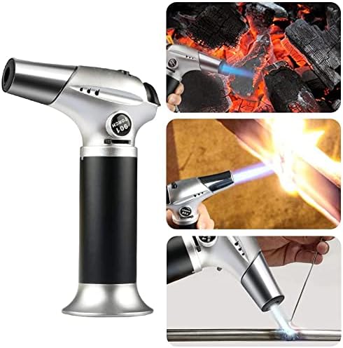 Blow Torch, Home-Grade Kitchen Cooking Torch with Lock Adjustable Flame Refillable Mini Blow Torch Lighter for BBQ, Baking, Brulee Creme,Light Cooking Tasks,DIY Soldering (Butane Gas Excluded)