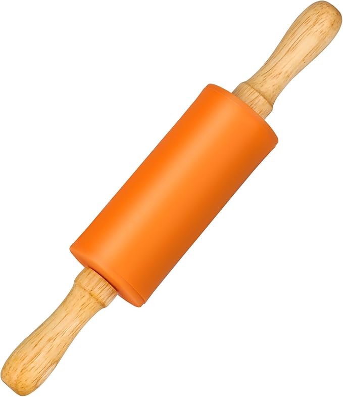 Mini Silicone Rolling Pin for Kids, Non-stick Surface Wood Handle, 9 Inch 1 Pack Orange