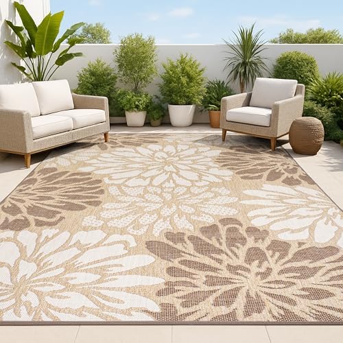 JONATHAN Y Floral Textured Weave Indoor Outdoor Area Rug 3X5 Brown/Cream, Zinnia Modern for Backyard, Patio, Porch, Easy-Cleaning, High Traffic, Pet-Friendly, Non-Shedding (SMB110I-3) by JONATHANY