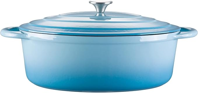 Enameled Cast Iron Oval Dutch Oven, 7 qt Oval Dutch Oven Pot with Lid and Dual Handles for Braising, for Braising, Broiling, Bread Baking, Frying, Light Blue