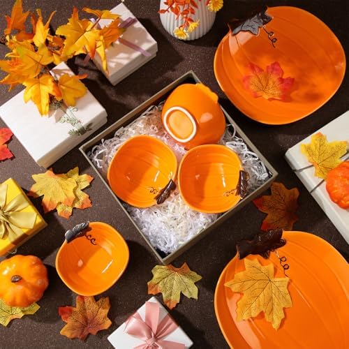 Maxcheck 8 Pcs Pumpkin Ceramic Bowl & Plate Fall Dinnerware Set, Orange - Image 6