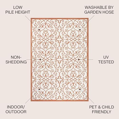JONATHAN Y Vintage Filigree Indoor Outdoor Round Area Rug 5 Ft Cream/Orange, Madrid Textured Weave for Backyard, Patio, Porch, Easy-Cleaning, High Traffic, Pet-Friendly, Non-Shedding (SMB107L-5R) - Image 2