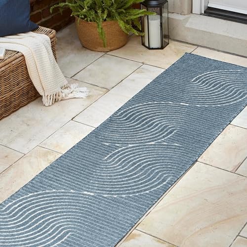 JONATHAN Y Hallie High-Low Curve Dark Blue/Cream 2x8 Indoor/Outdoor Runner Rug, Minimalist Geometric, Pet Friendly, for Patio, Backyard, Living Room, Bedroom, Office, Hose-Washable (SCN100C-28) - Image 3