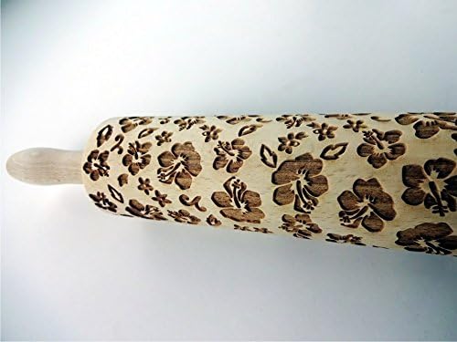 Rolling pin HIBISCUS. Wooden embossing rolling pin with Oriental flowers. Embossed cookies. Pottery. Birthday gift. Gift for mother