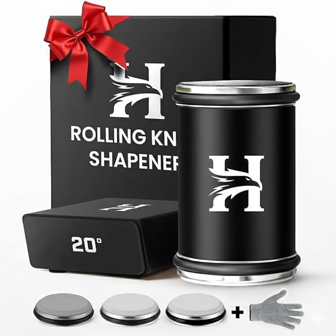 High Carbon Stainless Steel Rolling Knife Sharpener with 400, 1000 & 3000 Replacement Discs - Blunt Knife Sharpening Kit with 15 and 20 Degree Sharpening for Kitchen & Chef's Knives (BLACK) (Black)