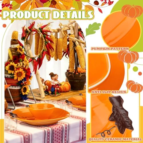 Maxcheck 8 Pcs Pumpkin Ceramic Bowl & Plate Fall Dinnerware Set, Orange - Image 3