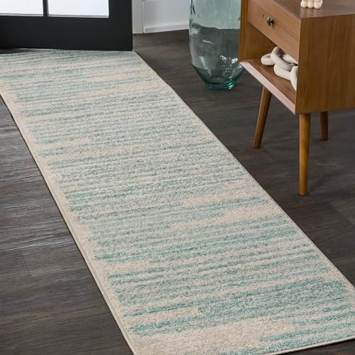 JONATHAN Y Khalil Modern Berber Stripe Cream/Turquoise Runner Rug, 2x8, Contemporary, Bohemian, Easy-Cleaning for Living Room, Bedroom, Kitchen, Pet Friendly, Non-Shedding (MOH207B-28) by JONATHANY