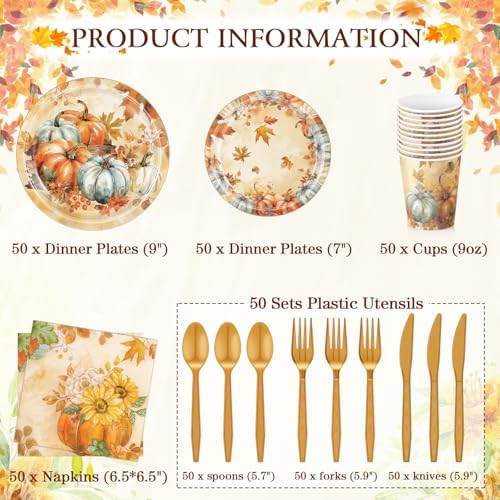 Ziliny 350pcs Thanksgiving Fall Dinnerware Paper Plate Napkins, Pumpkin - Image 2