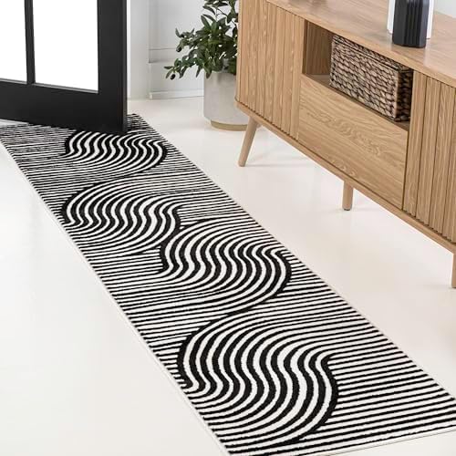 JONATHAN Y Hallie High-Low Curve Black/White 2x8 Indoor Runner Rug, Minimalist Geometric, Modern, Non-Shedding, Stain Resistant for Bedroom, Living Room, Kitchen (SCN100F-28) by JONATHANY