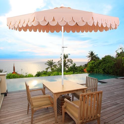 JONATHAN Y Tracy 9' Scalloped Market Patio Umbrella, Coral Pink/White - Image 2