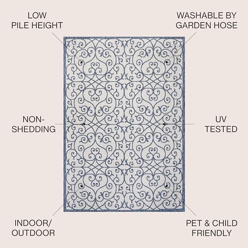 JONATHAN Y Vintage Filigree Indoor Outdoor Round Area Rug 5 Ft Blue/Cream, Madrid Textured Weave for Backyard, Patio, Porch, Easy-Cleaning, High Traffic, Pet-Friendly, Non-Shedding (SMB107F-5R) - Image 2