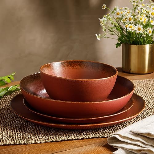 Bloomhouse - Two Time Oprah's Favorite Things Winner - Palermo Sun Double Bowl Stoneware Reactive Glaze Plates and Bowls Dinnerware Set - Paprika Red, Service for Four (16pcs) - Image 2