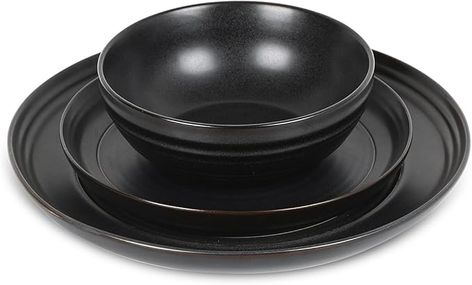 Stone Lain Elio 12-Piece Dinnerware Set Stoneware, Plates and Bowls Set, Dish Set for 4, Black