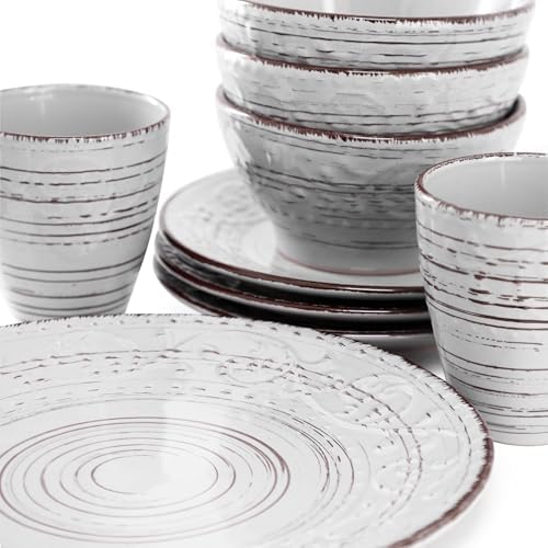 Elama Malibu Calcite 16-Piece Stoneware Embossed Pattern Reactive Glaze Light Gray Dinnerware Set, Tableware, Serveware Set (Calcite Gray) - Image 6