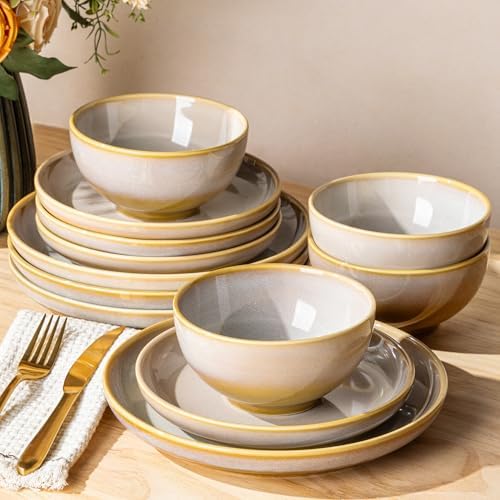 TheTerra Ceramic Dinnerware Set for 4, 12-Piece Plates and Bowls Set by TheTerra