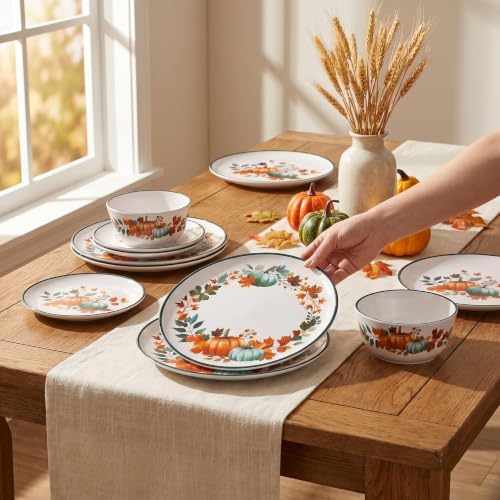 12-Piece Melamine Dinnerware Set for 4, Fall Pumpkin Plates and Bowls - Image 4