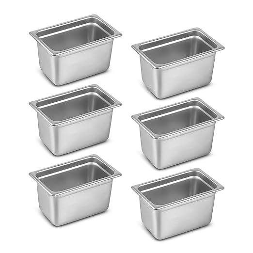 1/4 Hotel Pans 6 Inch Deep Stainless Steel Food Pan - Anti-Jam 6 Pack Steam Table Pan Set for Catering, Buffet Use, Kitchen Prep
