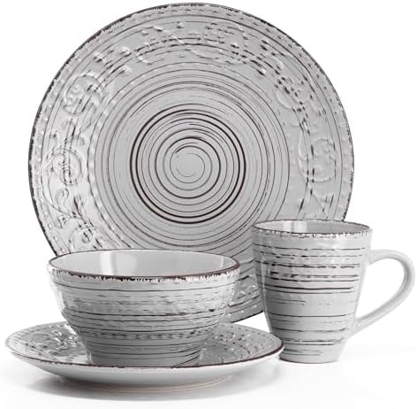 Elama Malibu Calcite 16-Piece Stoneware Embossed Pattern Reactive Glaze Light Gray Dinnerware Set, Tableware, Serveware Set (Calcite Gray) - Image 2