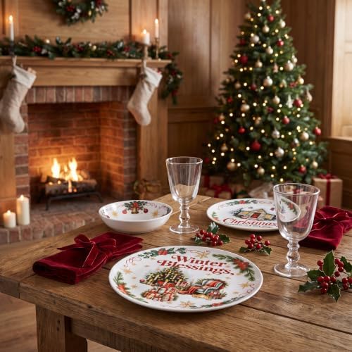 Vintage Christmas Dinnerware Set for 4, 12-Piece Melamine Dish Set - Image 5