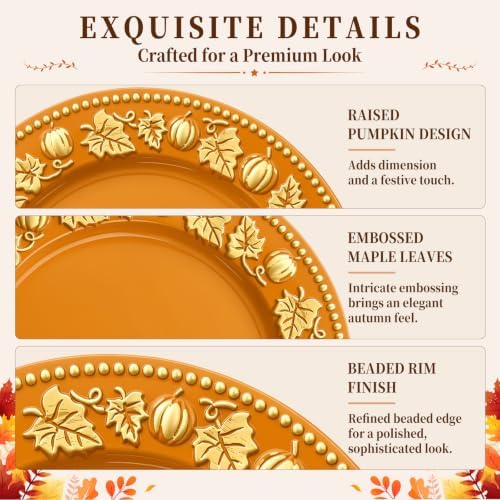 Havawish 8 Pcs 13 Inch Orange Charger Plates with Pumpkin & Fall Leaf Edge - Image 3
