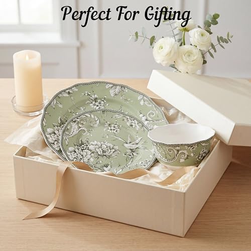 222 Fifth Adelaide Sage 12-Piece Green Porcelain Dinnerware Set – Service for 4, Big Dinner Plates and Bowls Sets, Green with White Floral Pattern, for Daily Entertainment, Microwave & Dishwasher Safe - Image 5