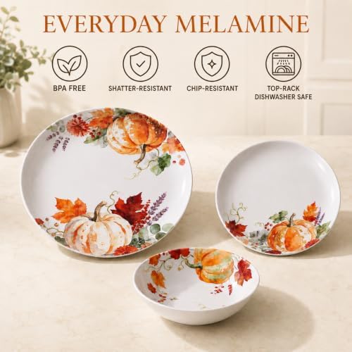 Melamine Dinnerware Set for 4, 12-Piece Pumpkin Plates and Bowls, BPA-Free - Image 3