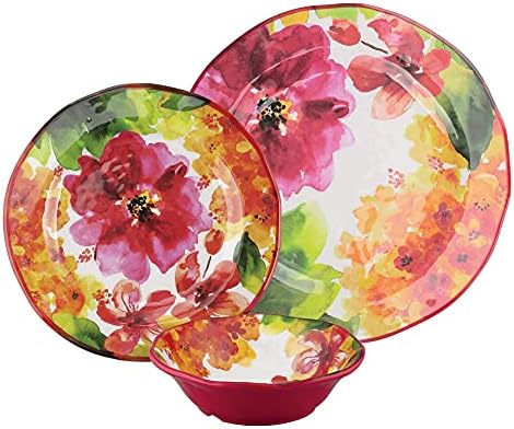 UPware 12 Piece Pink Floral Melamine Dinnerware Sets, Outdoor Dishes Set, Plates and Bowls Sets, Service for 4, Multicolor - Image 2