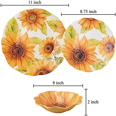 UPware 12 Piece Sunflower Melamine Dinnerware Sets, Outdoor Dishes Set, Plates and Bowls Sets, Service for 4, Yellow - Image 3