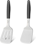 Beijiyi Stainless Steel Spatula Set, 2 Pcs Small Metal Spatula for Cast Iron Skillet, Solid and Slotted Turner Spatulas for Kitchen Use with Silicone Handle, Cooking Utensils for Eggs, Burger, Steak