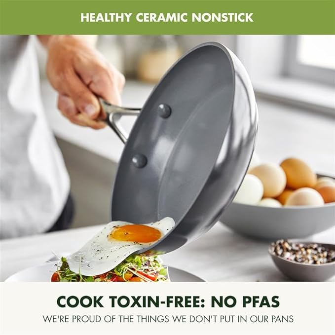 GreenPan Valencia Pro Hard Anodized 3 Piece Fry Pan Skillet Set, Ceramic Nonstick 8" 9.5" and 11" Induction Suitable Frying Pans, PFAS-Free Cookware, Dishwasher Safe, Oven and Broiler Safe, Gray