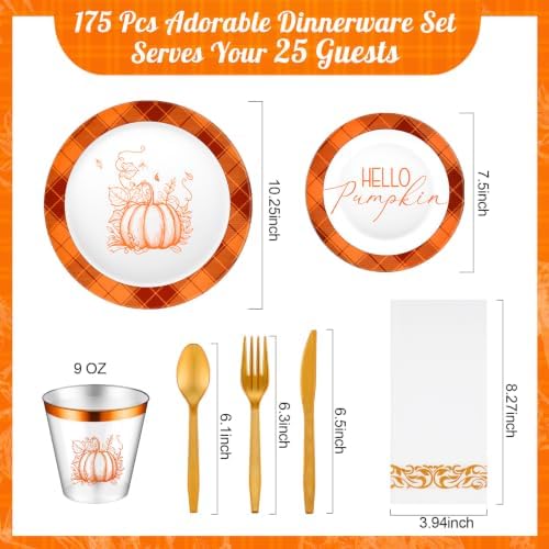 175 Pcs Rosh Hashanah Fall Plastic Dinnerware Set, Plaid, Orange - Image 2