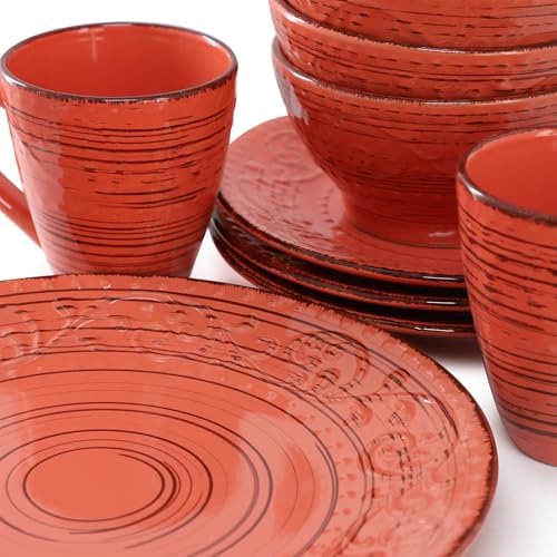 Elama Malibu Jasper 16-Piece Stoneware Embossed Pattern Reactive Glaze Orange Dinnerware Set, Tableware, Serveware Set (Jasper Orange) - Image 6