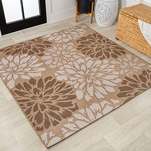 JONATHAN Y Floral Textured Weave Indoor Outdoor Square Area Rug 3X3 Brown/Cream, Zinnia Modern for Backyard, Patio, Porch, Easy-Cleaning, High Traffic, Pet-Friendly, Non-Shedding (SMB110I-3SQ) by JONATHANY