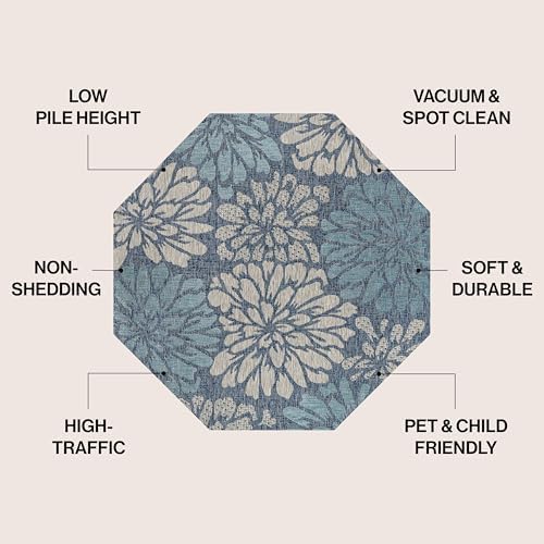 JONATHAN Y Floral Textured Weave Indoor Outdoor Octagon Area Rug 8 Ft Navy/Aqua, Zinnia Modern for Backyard, Patio, Porch, Easy-Cleaning, High Traffic, Pet-Friendly, Non-Shedding (SMB110C-8TGN) - Image 2