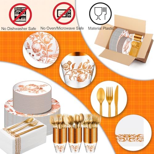 175 Pcs Rosh Hashanah Fall Plastic Dinnerware Set, Pomegranates, Brown - Image 3