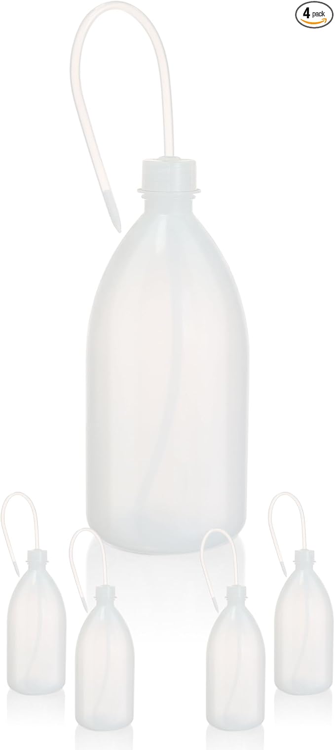 4pcs of Economy Wash Bottles, Vol.1000ml (34oz), Narrow-Mouth Squeeze Bottles Bottles, LDPE Material, with Long Dispensing Tube,IN-WBNL1000