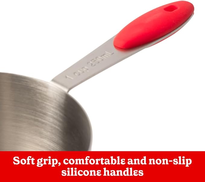 Betty Crocker Measuring Cooking Bundle includes a set of five measuring spoons and five measuring cups. The spoons have a dual design and magnetic snap for easy storage.