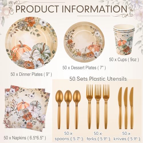350pcs Thanksgiving Fall Dinnerware Paper Plate Napkins, Pumpkin Floral - Image 2