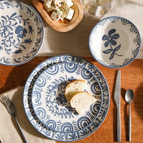 Bloomhouse - 2-Time Oprah’s Favorite Things - Valencia Flor 16 Piece Dinnerware Set, Artisanal Decorated Stoneware Plates & Bowls, Service for 4, Microwave & Dishwasher Safe, Iris Blue - Image 3